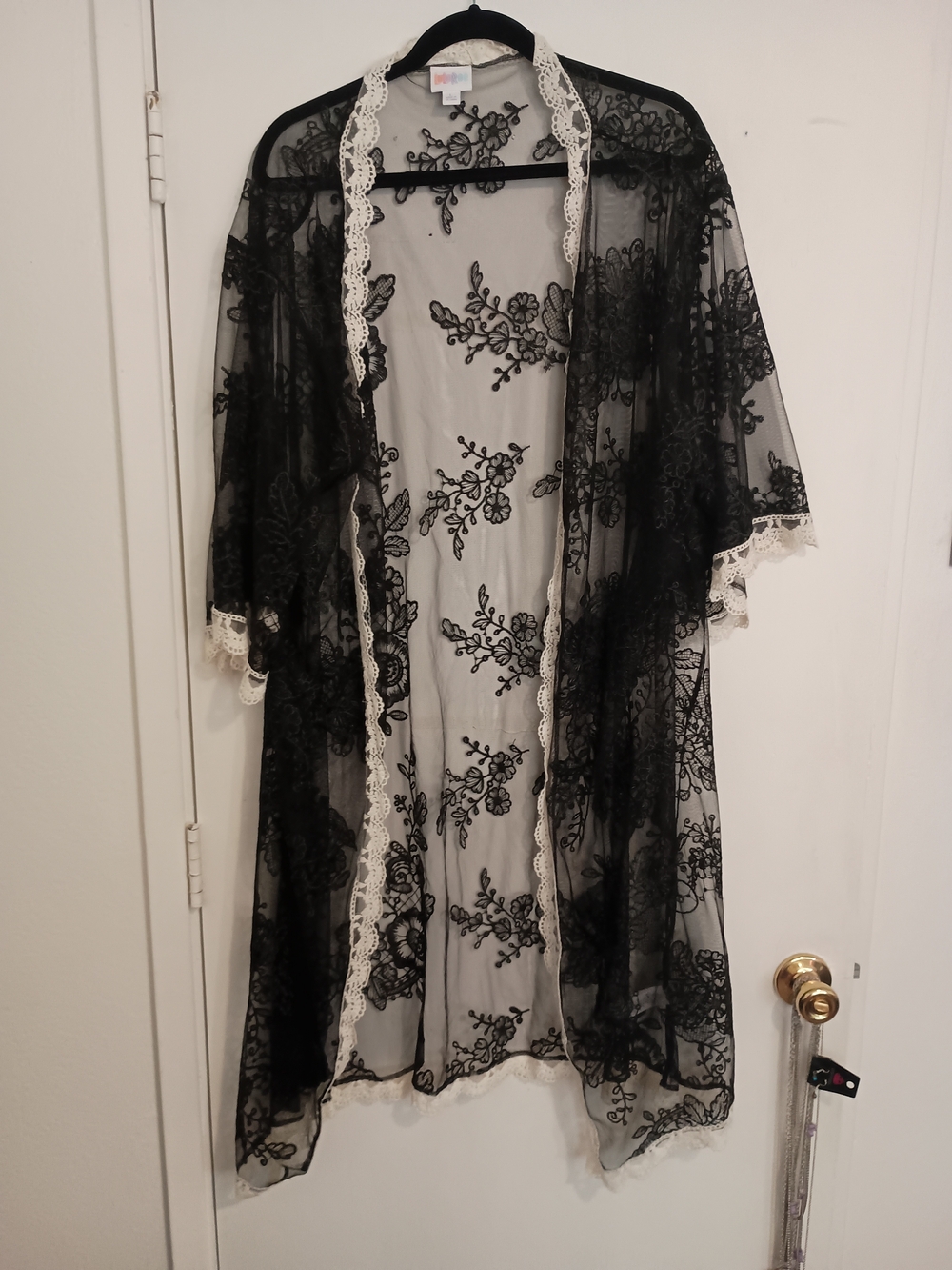 LuLaRoe Black Sheer Floral Lace Robe with Ivory Crochet Trim